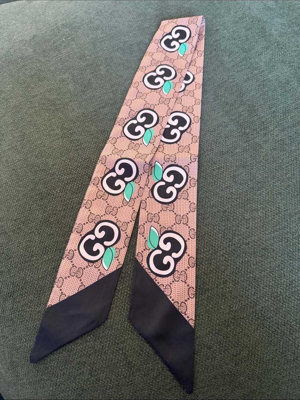Pink Logo-Print Silk Twilly with Mint Accents